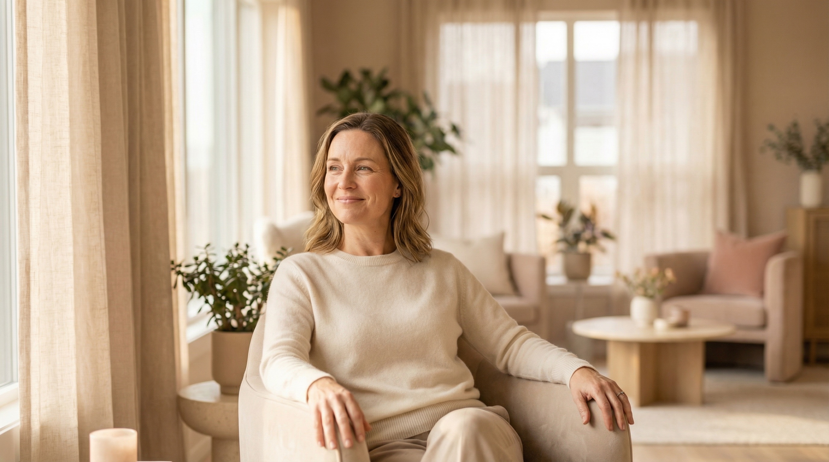 Smiling woman in denim jacket representing women with breast implants
